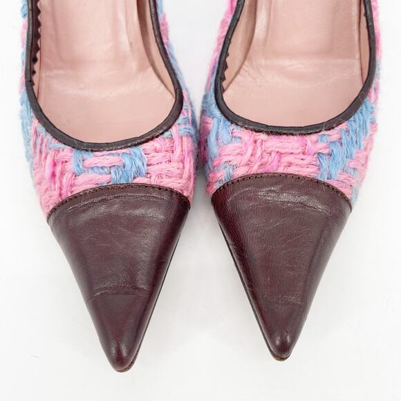 Vintage Miu Miu Pink Blue Woven Brown Leather Bow Detail Pointed Toe Heels IT 38 - Picture 6 of 11